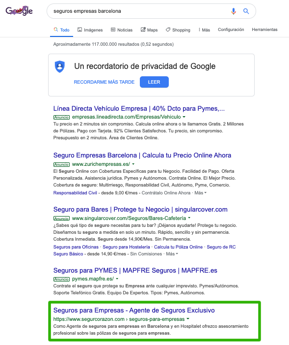 Posicionamiento SEO Organico de Seguros Empresas Barcelona