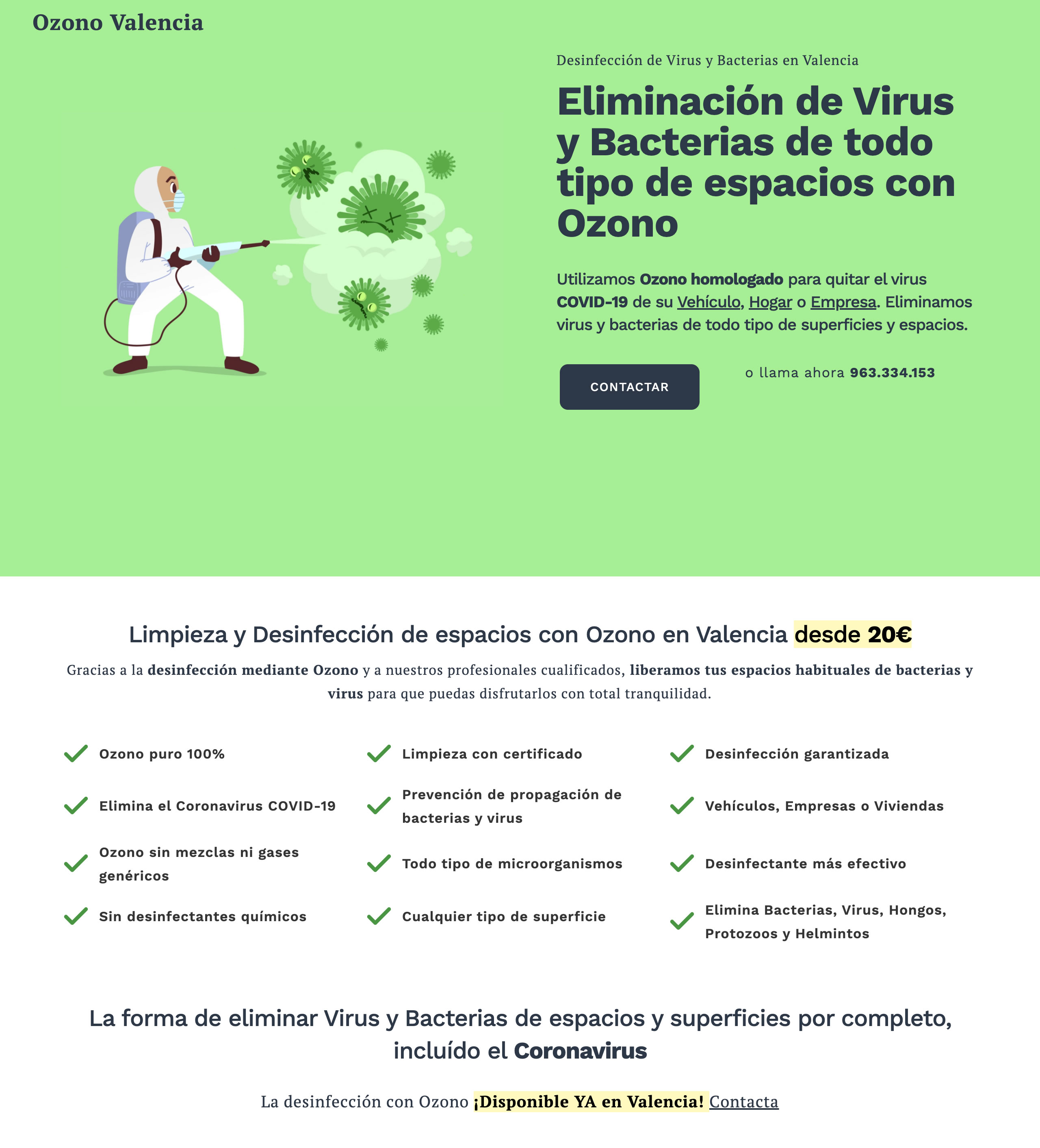 Parte Superior del Diseño Web Landing Page Ozono Valencia