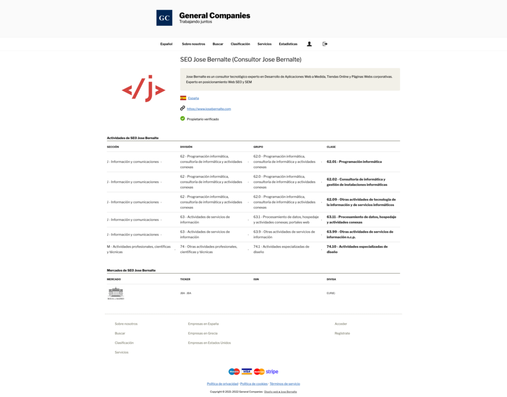 Ficha de empresa en la web General Companies